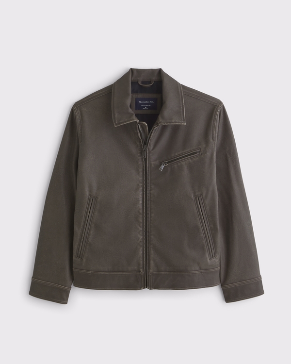 Vegan Leather Zip Jacket, Dark Brown view 1