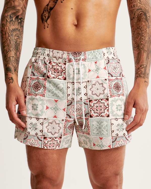 Pull-On Seersucker Swim Trunk, Coral Pattern