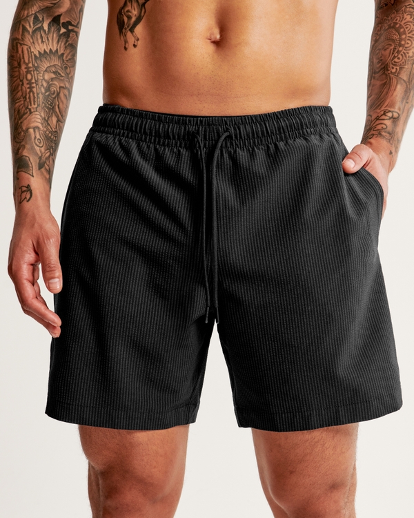 Pull-On Seersucker Swim Trunk, Black Texture