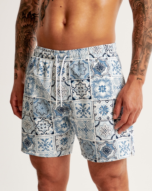 Pull-On Seersucker Swim Trunk, Blue Pattern