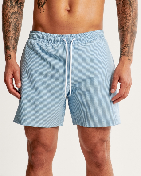 Pull-On Seersucker Swim Trunk, Light Blue Stripe