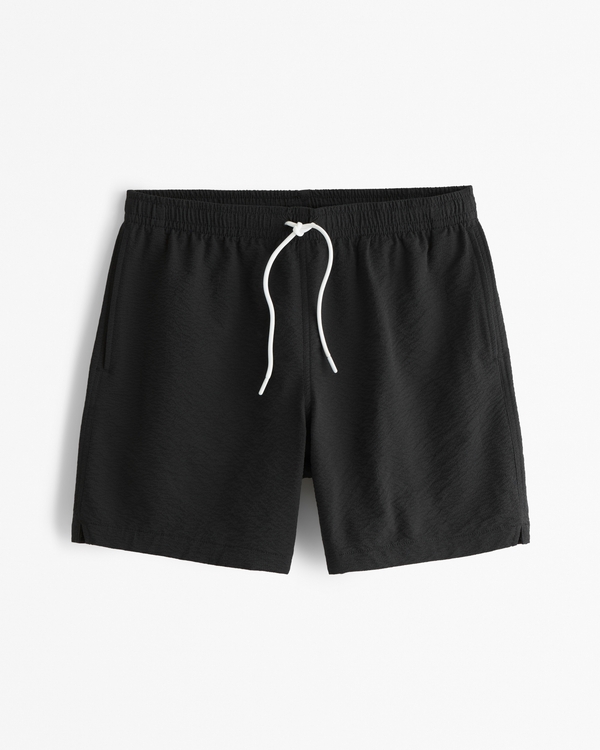 Pull-On Wide Seersucker Swim Trunk, Black