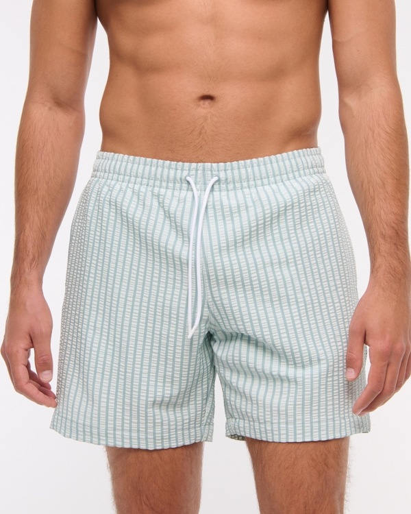 Pull-On Wide Seersucker Swim Trunk, Light Blue Stripe view 1