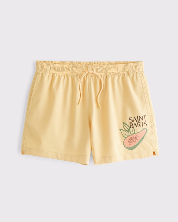 Pull-On Embroidered Swim Trunk, Warm Yellow Pattern view 1
