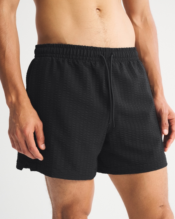 Pull-On Wide Seersucker Swim Trunk, Black view 1