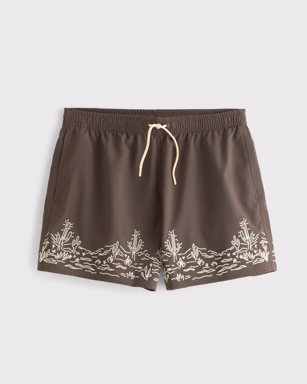 Pull-On Embroidered Swim Trunk, Chocolate Brown Pattern view 1
