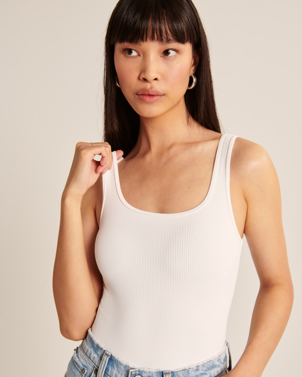 Seamless Rib Fabric Tank Bodysuit, White Ribbed