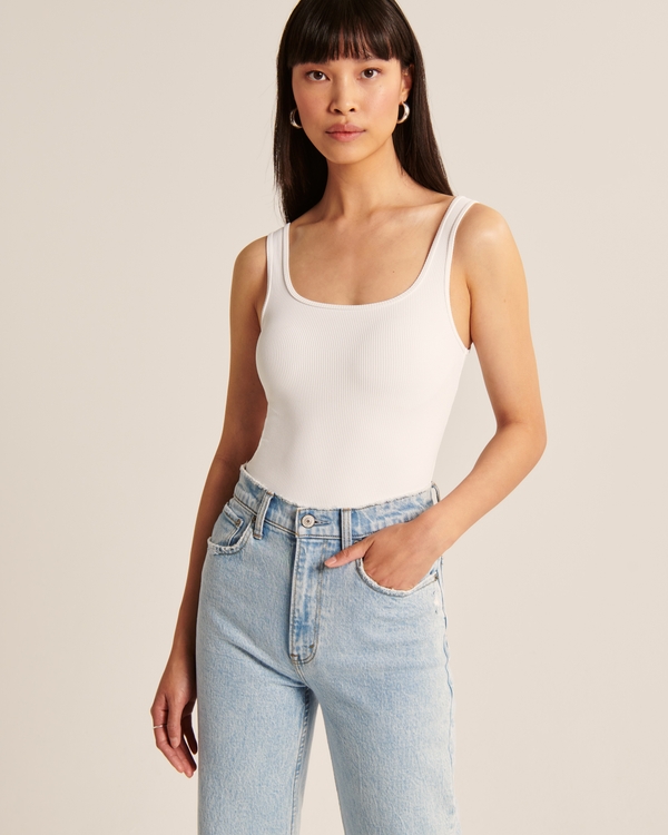 Seamless Rib Fabric Tank Bodysuit, White Ribbed view 2