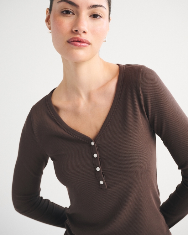 Long-Sleeve Rib Lounge Henley, Brown view 2