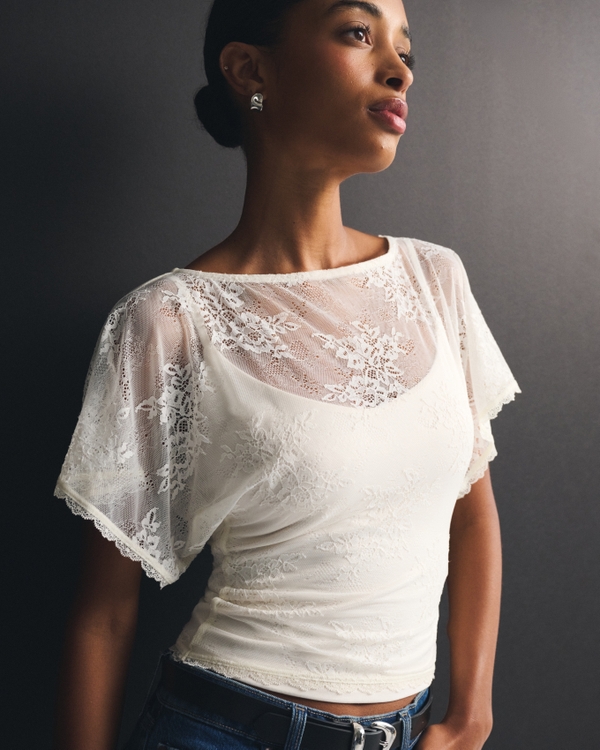 Lace Flutter Sleeve Slash Top, Cream view 1