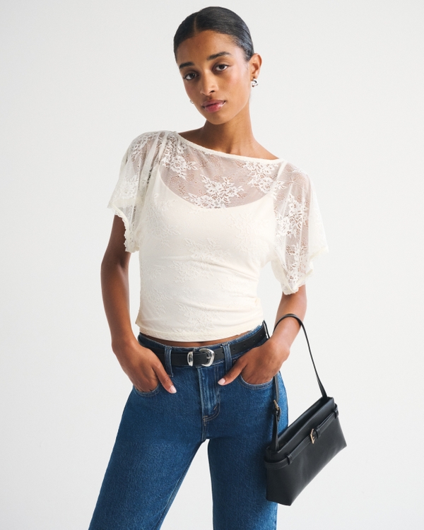 Lace Flutter Sleeve Slash Top, Cream view 2