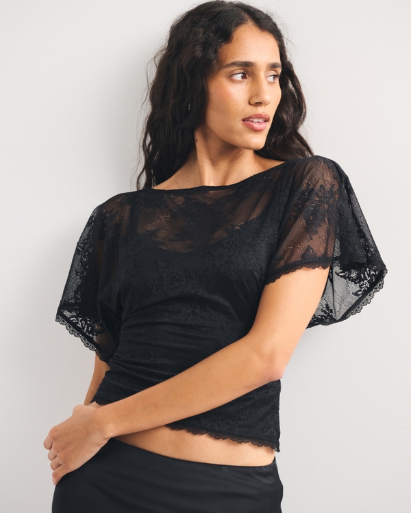 Lace Flutter Sleeve Slash Top, Black view 1