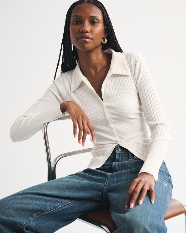 Collared Rib Button-Through Top, Cream view 1