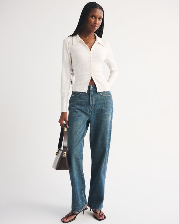 Collared Rib Button-Through Top, Cream view 2
