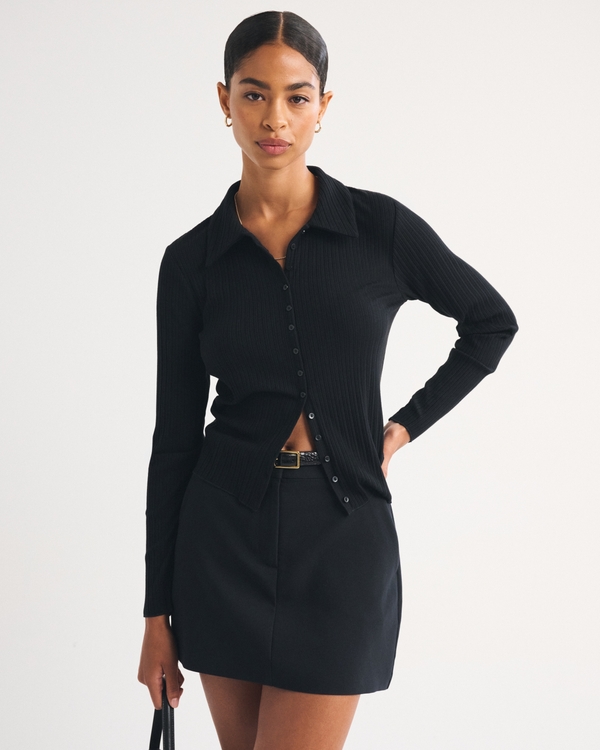 Women's Collared Rib Button-Through Top | Women's Tops
