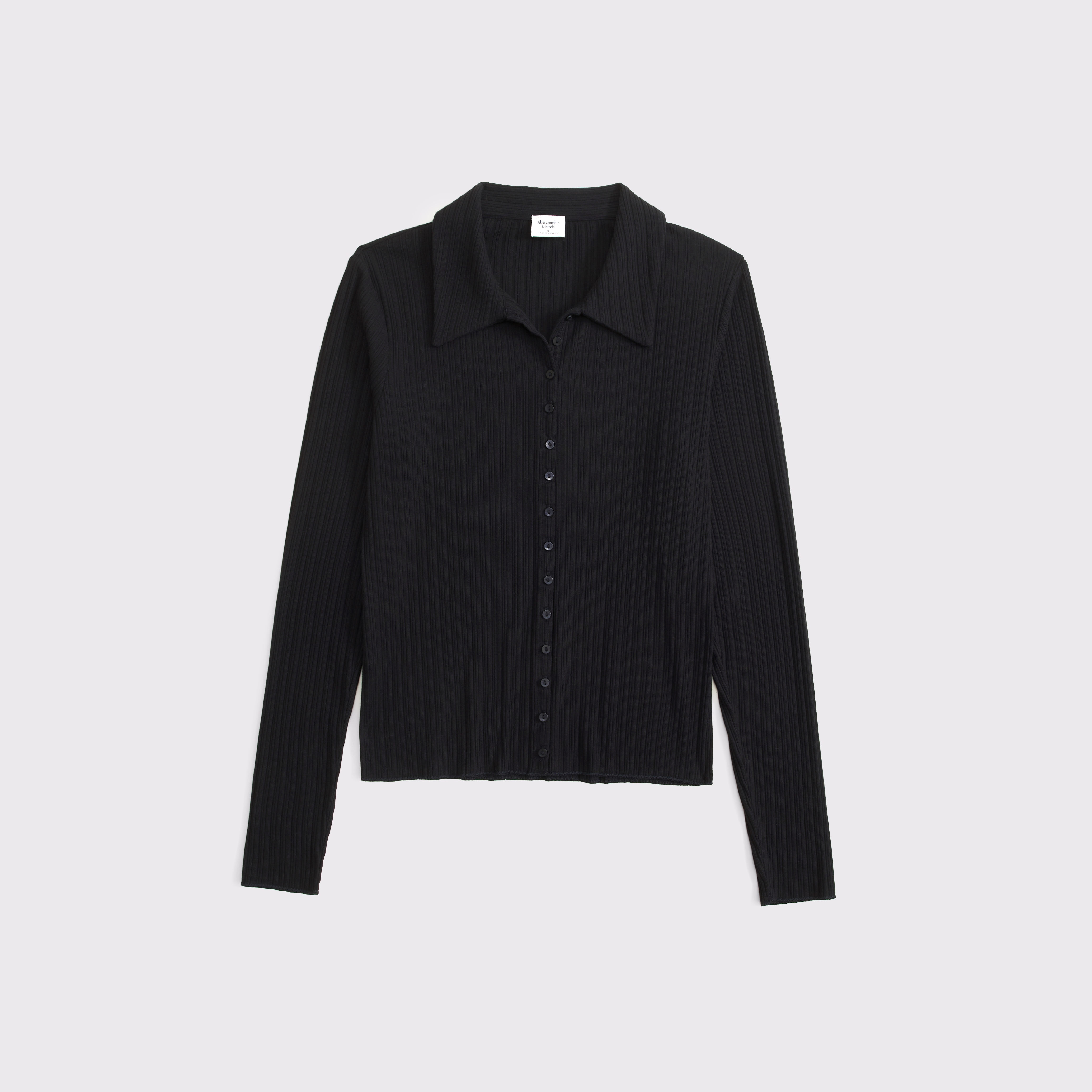 Женский топ Abercrombie & Fitch Collared Rib Button-Through Top, цвет: Чёрный — фото 1