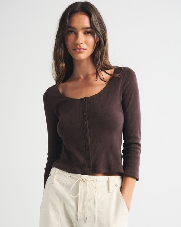3/4 Sleeve Pointelle Button Through Top, Dark Coffee view 1