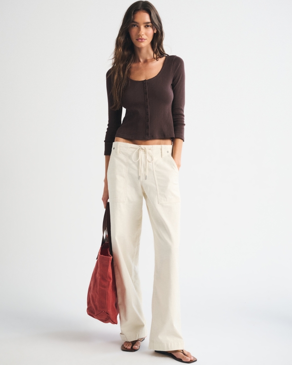 3/4 Sleeve Pointelle Button Through Top, Dark Coffee view 2
