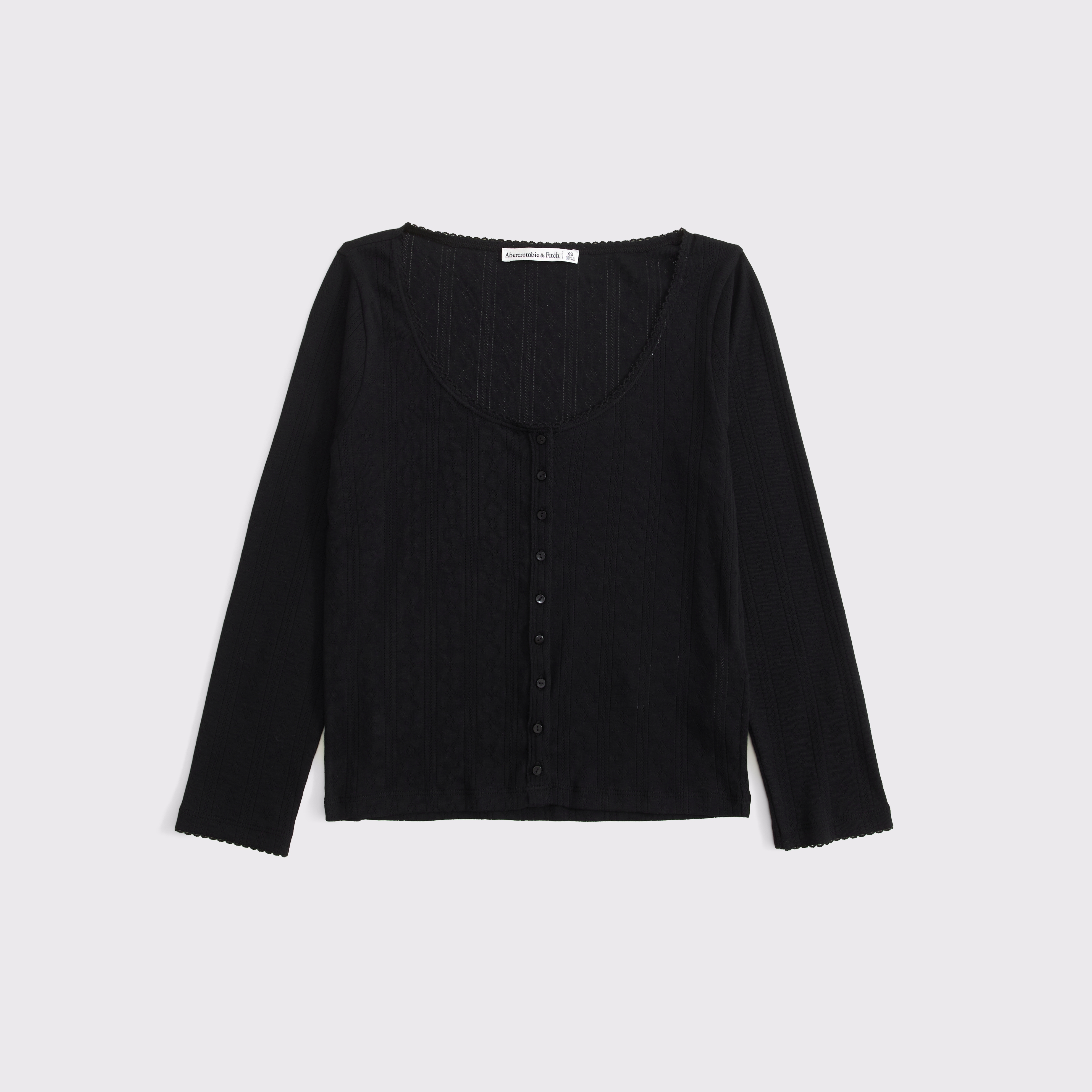 Женский топ Abercrombie & Fitch 3/4 Sleeve Pointelle Button-Through Top, цвет: Чёрный — фото 1