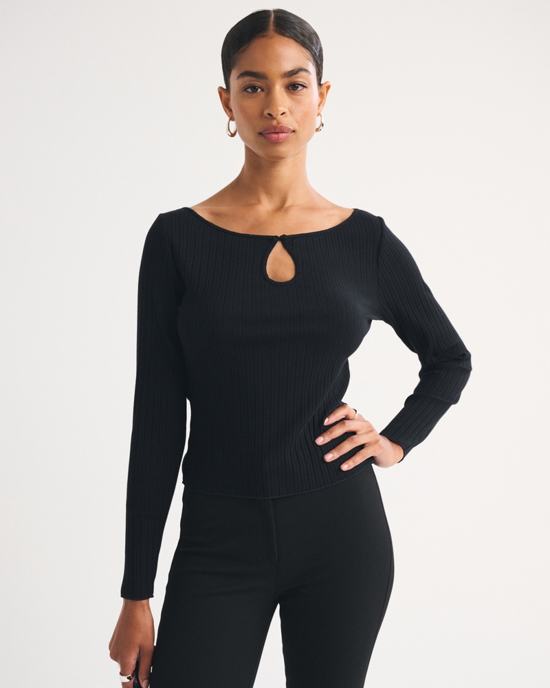 Long-Sleeve Rib Keyhole Top - thumbnail 2