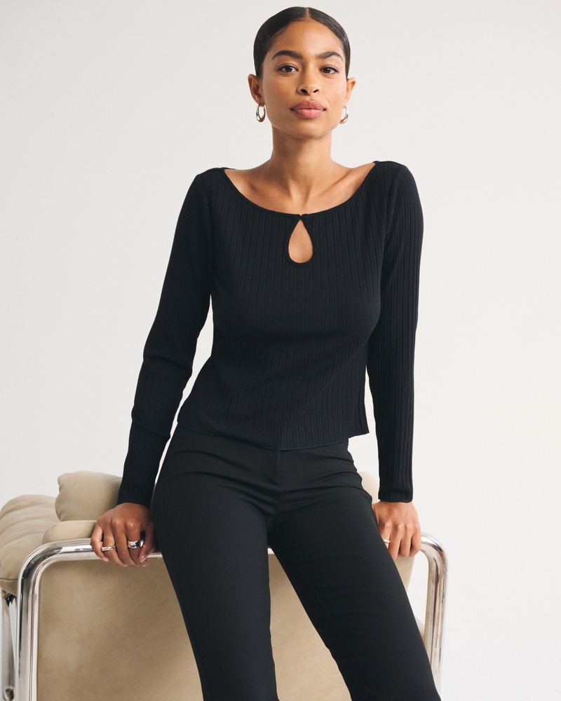 Long-Sleeve Rib Keyhole Top - thumbnail 5
