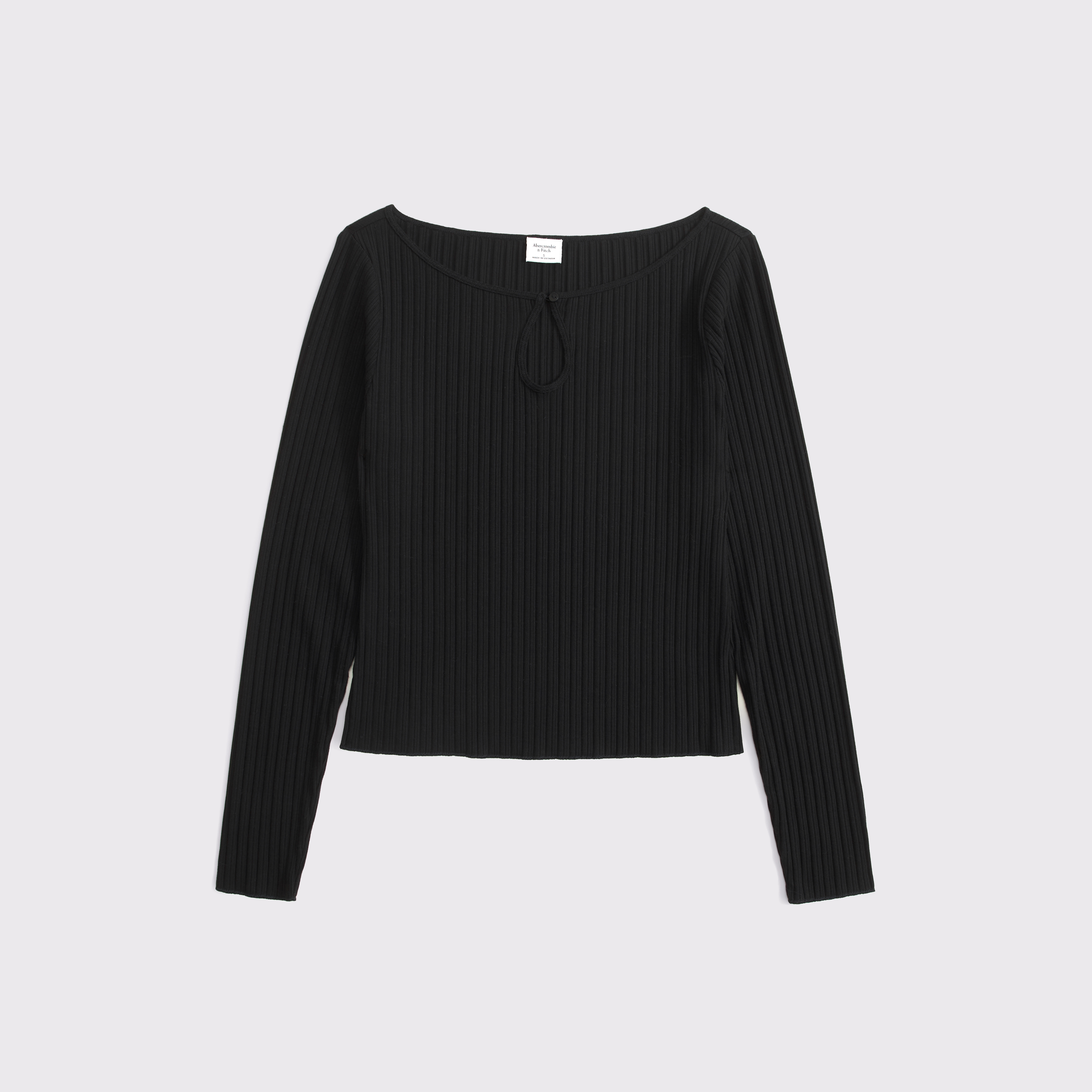 Женский топ Abercrombie & Fitch Long-Sleeve Rib Keyhole Top, цвет: Чёрный — фото 1