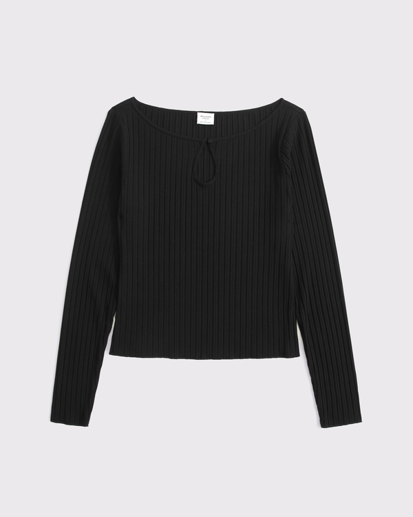 Long-Sleeve Rib Keyhole Top