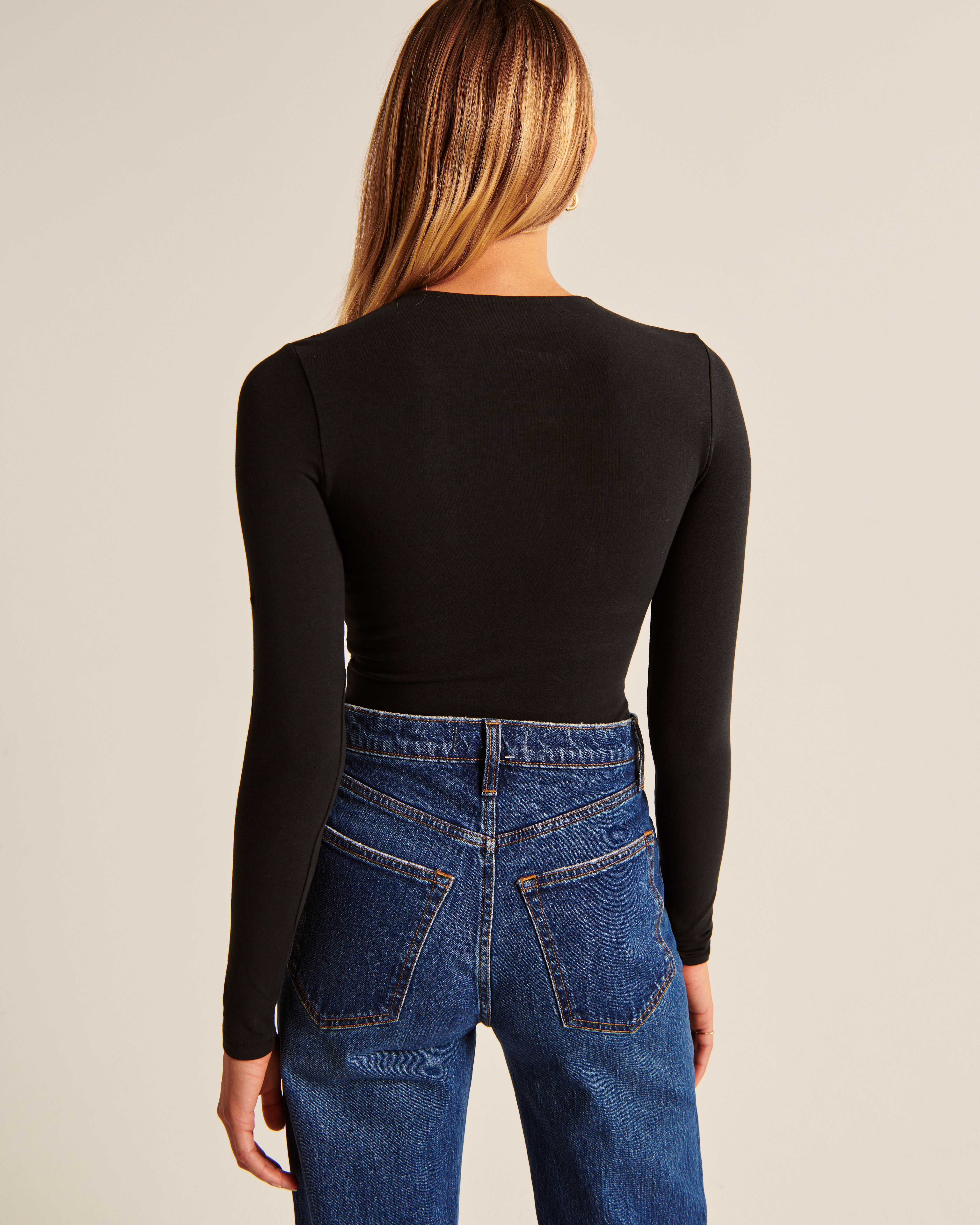 Abercrombie & Fitch Long-sleeve Cotton-blend Seamless Fabric Crew Bodysuit In Black