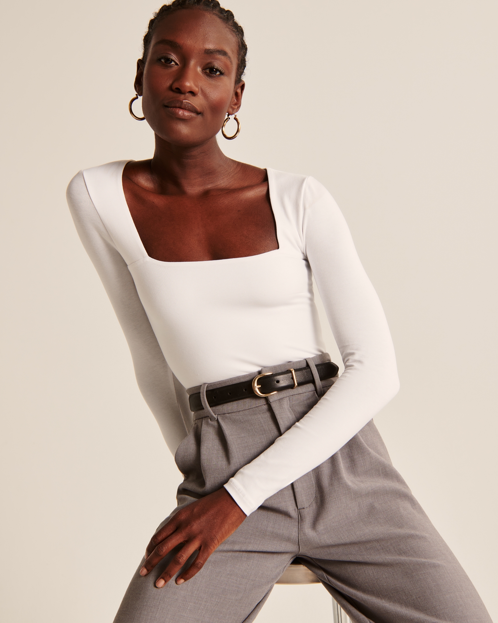 Women's Long-Sleeve Cotton Seamless Fabric Squareneck Bodysuit