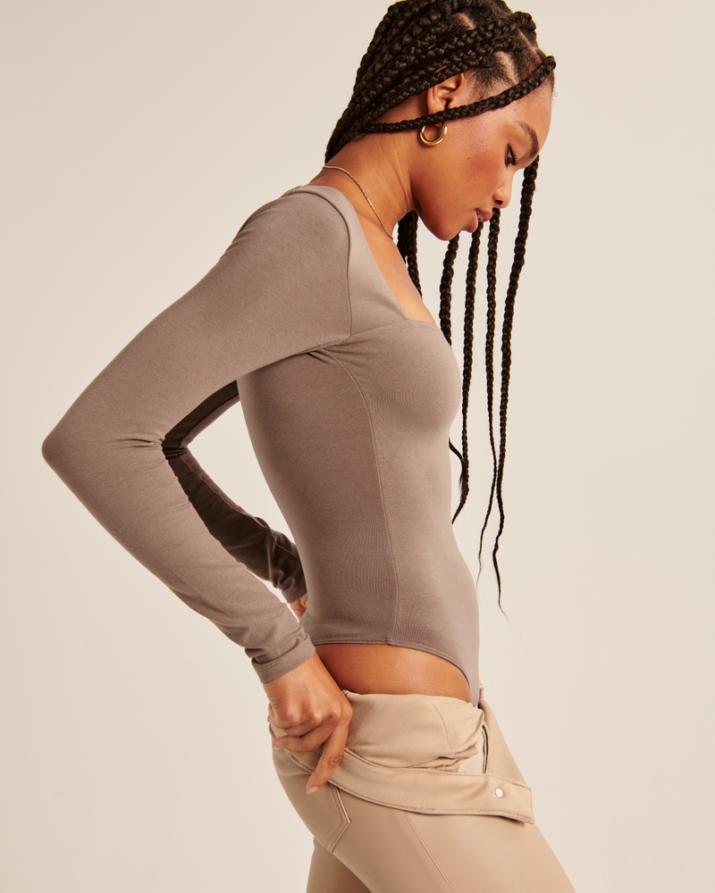 Women's Long-Sleeve Cotton Seamless Fabric Squareneck Bodysuit