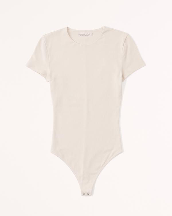 Short-Sleeve Cotton-Blend Seamless Fabric Crew Bodysuit, Light Taupe view 1