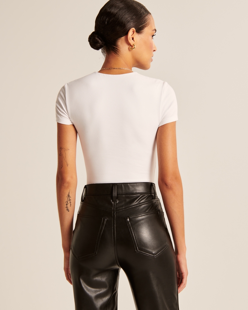 Women's Short-Sleeve Cotton-Blend Seamless Fabric Crew Bodysuit, Women's