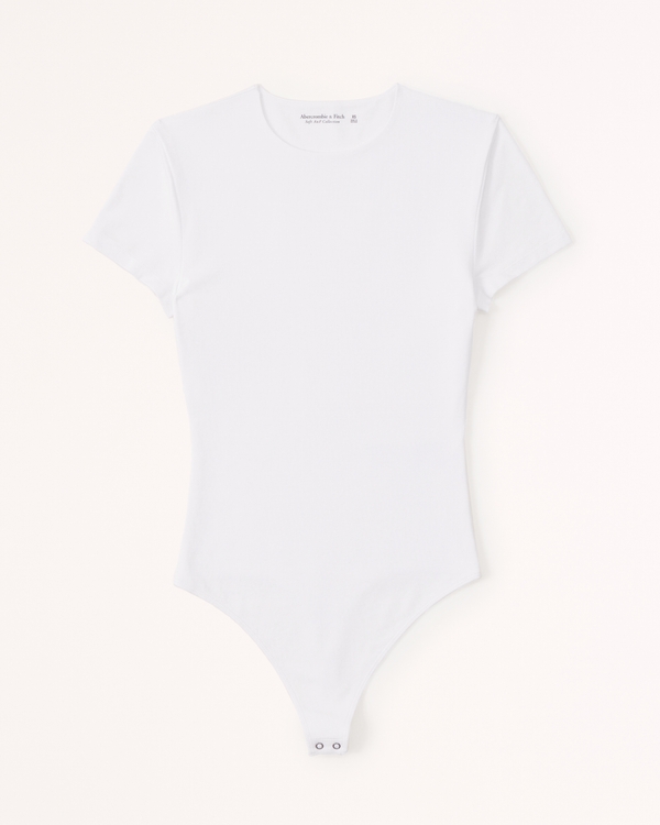 Short-Sleeve Cotton-Blend Seamless Fabric Crew Bodysuit, White view 1
