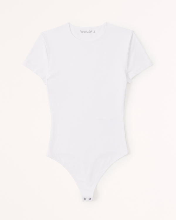 Short-Sleeve Cotton-Blend Seamless Fabric Crew Bodysuit, White