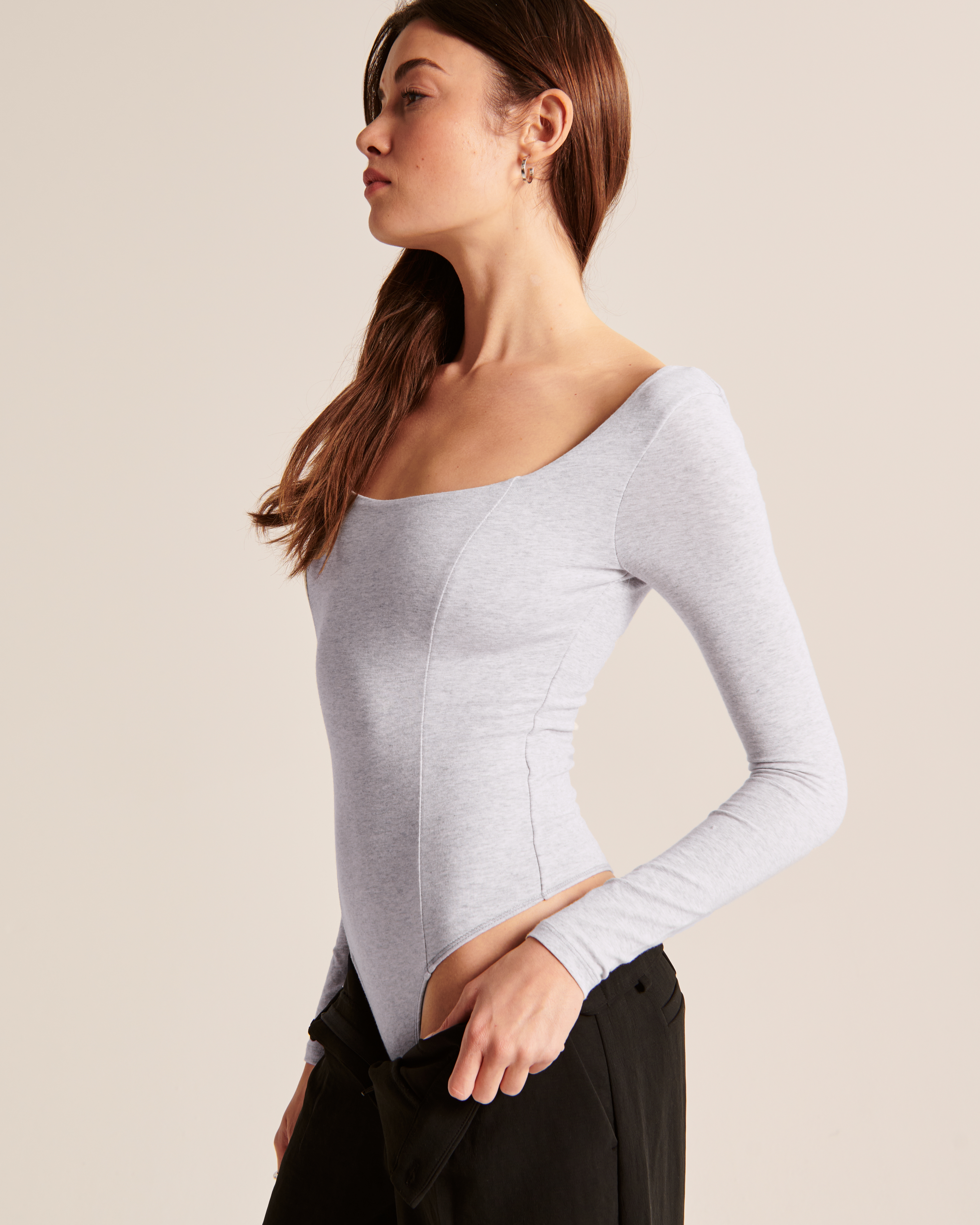 Long-Sleeve Seamed Scoopneck Bodysuit