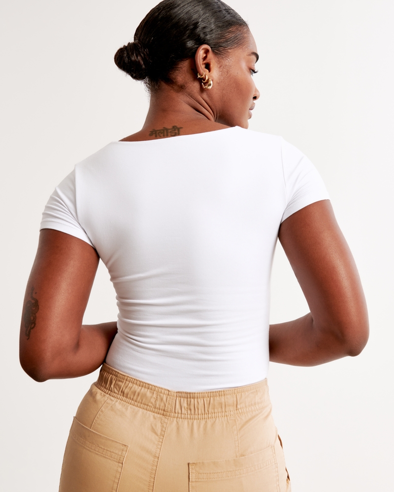 Women's Short-Sleeve Cotton-Blend Seamless Fabric Squareneck