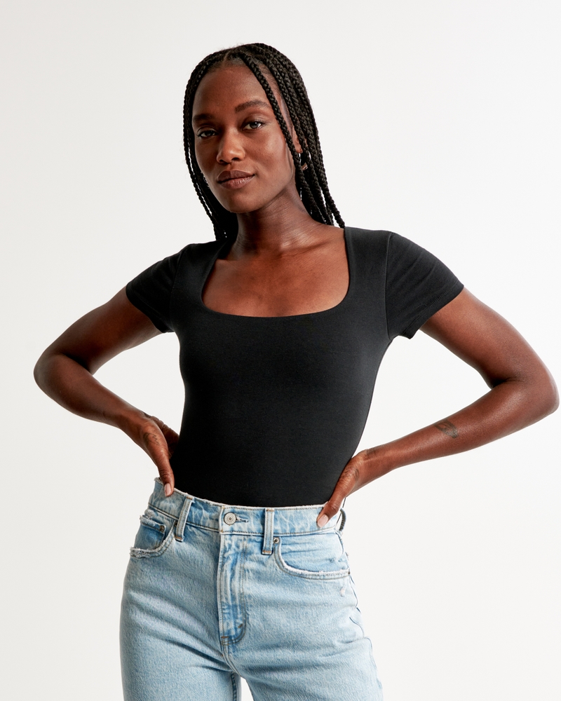 Women's Black Bodysuit Short Sleeve Square Neck