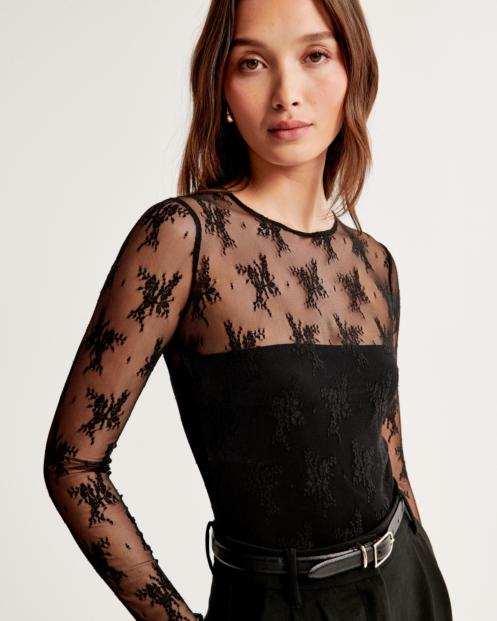 Long-sleeved tulle and lace bodysuit in Black for