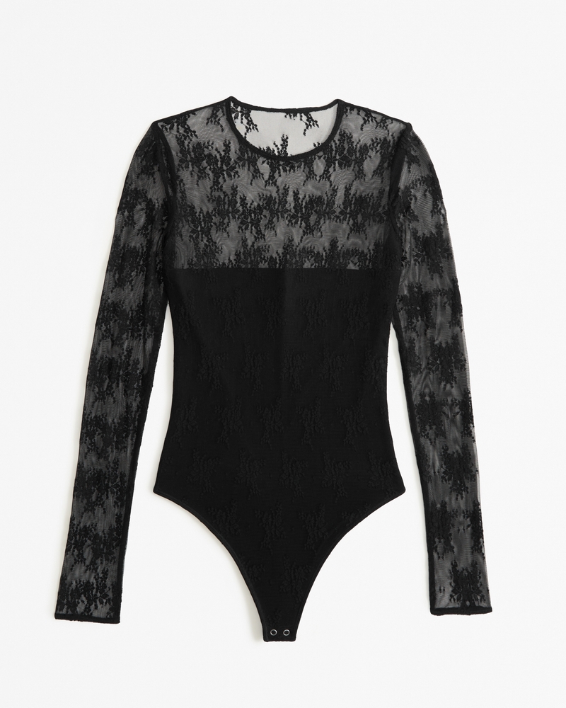 Black Long Sleeve Lace Mesh Bodysuit, Tops