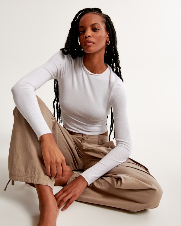 Long-Sleeve Featherweight Rib Cropped Crew Tee, White