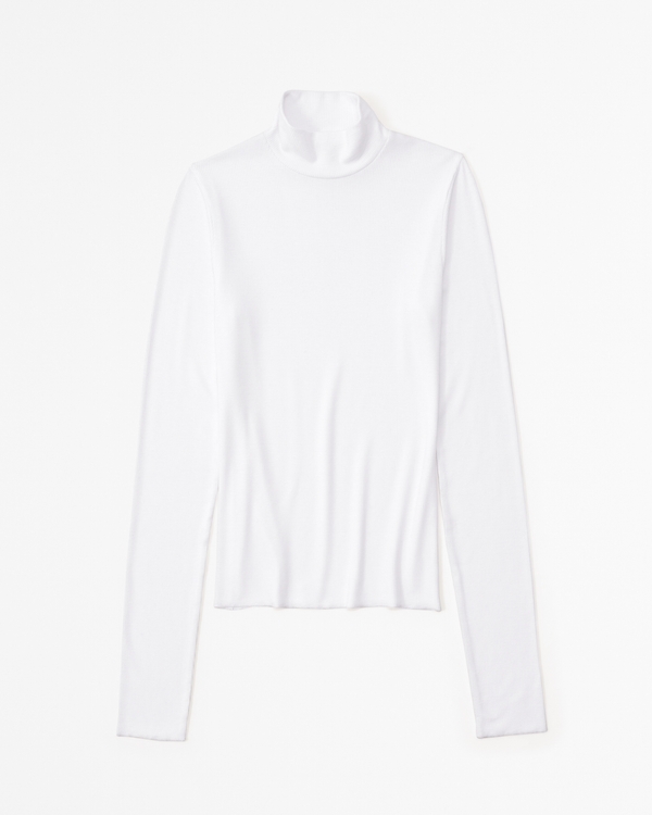 Long-Sleeve Featherweight Rib Tuckable Mockneck Top, White