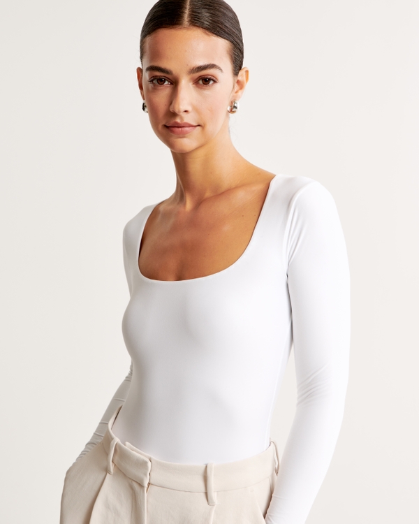 Soft Matte Seamless Long-Sleeve Squareneck Bodysuit, White