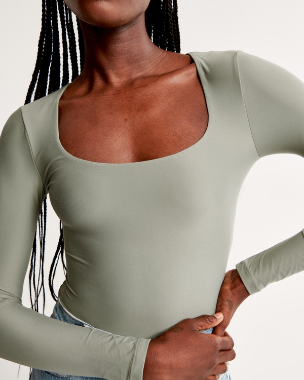 Soft Matte Seamless Long-Sleeve Squareneck Bodysuit, Green