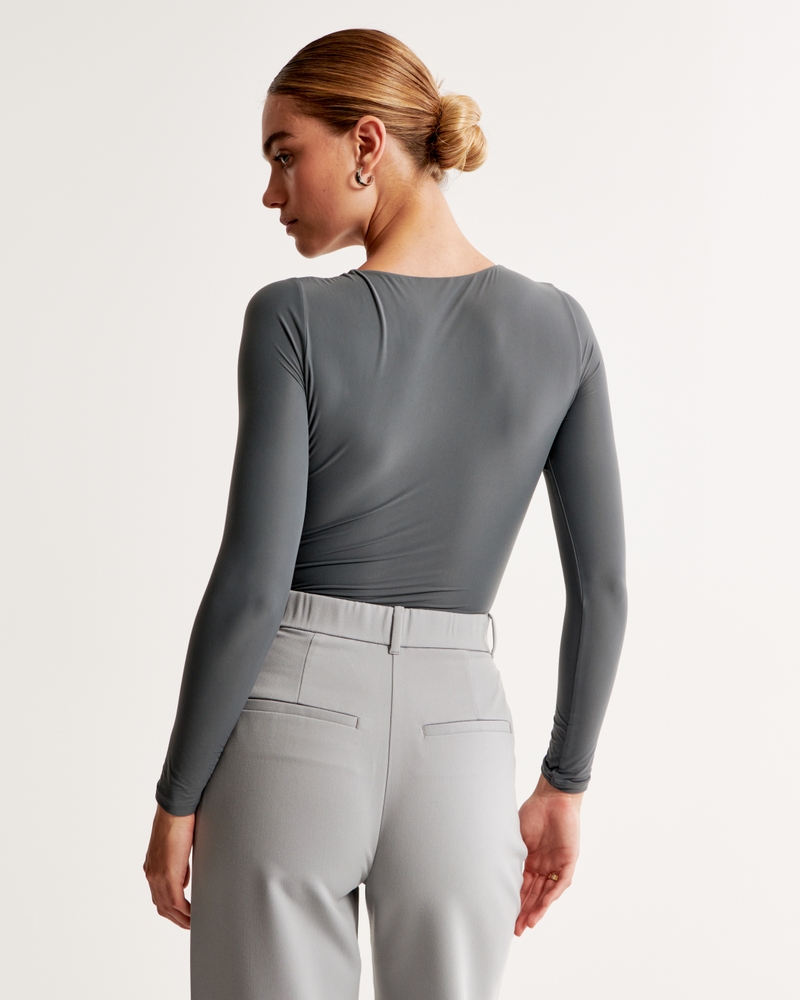 Women's Soft Matte Seamless Long-Sleeve Squareneck Bodysuit in Dark Grey | Size S | Abercrombie & Fitch