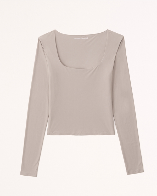 Soft Matte Seamless Long-Sleeve Squareneck Top, Brown view 1