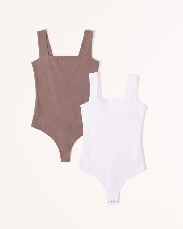 2-Pack Cotton Seamless Fabric Squareneck Bodysuits, Brown And White