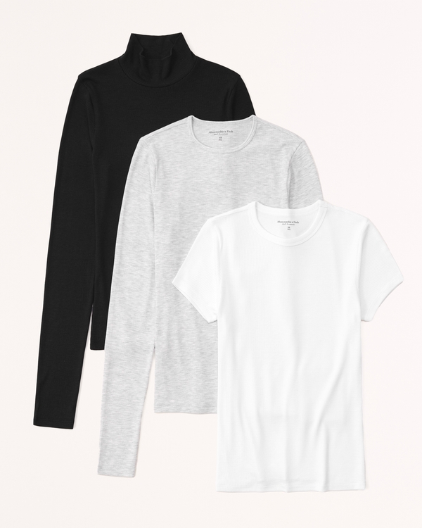 3-Pack Featherweight Rib Tuckable Tees, Black-grey-white view 1
