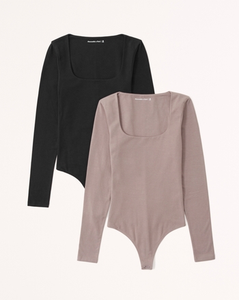 Women's 2-Pack Long-Sleeve Cotton-Blend Seamless Fabric Squareneck Bodysuits | Women's Tops