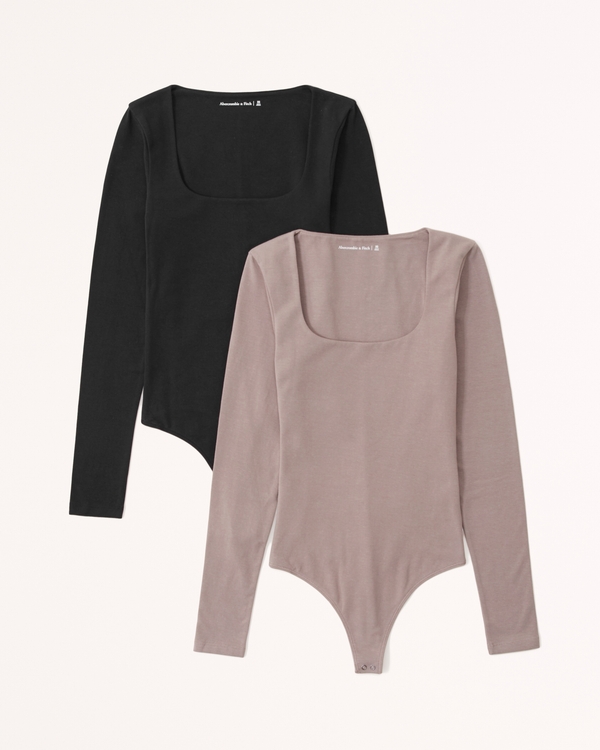 2-Pack Long-Sleeve Cotton-Blend Seamless Fabric Squareneck Bodysuits, Black-taupe
