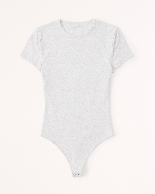Short-Sleeve Cotton-Blend Seamless Fabric Crew Bodysuit, Light Heather Grey view 1
